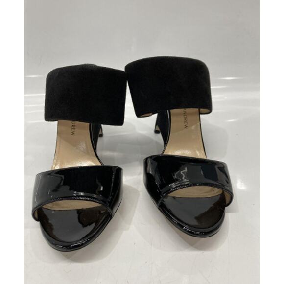 Paul Andrew Black Open Toe Patent Velvet Wedge Sandals - Picture 10 of 14